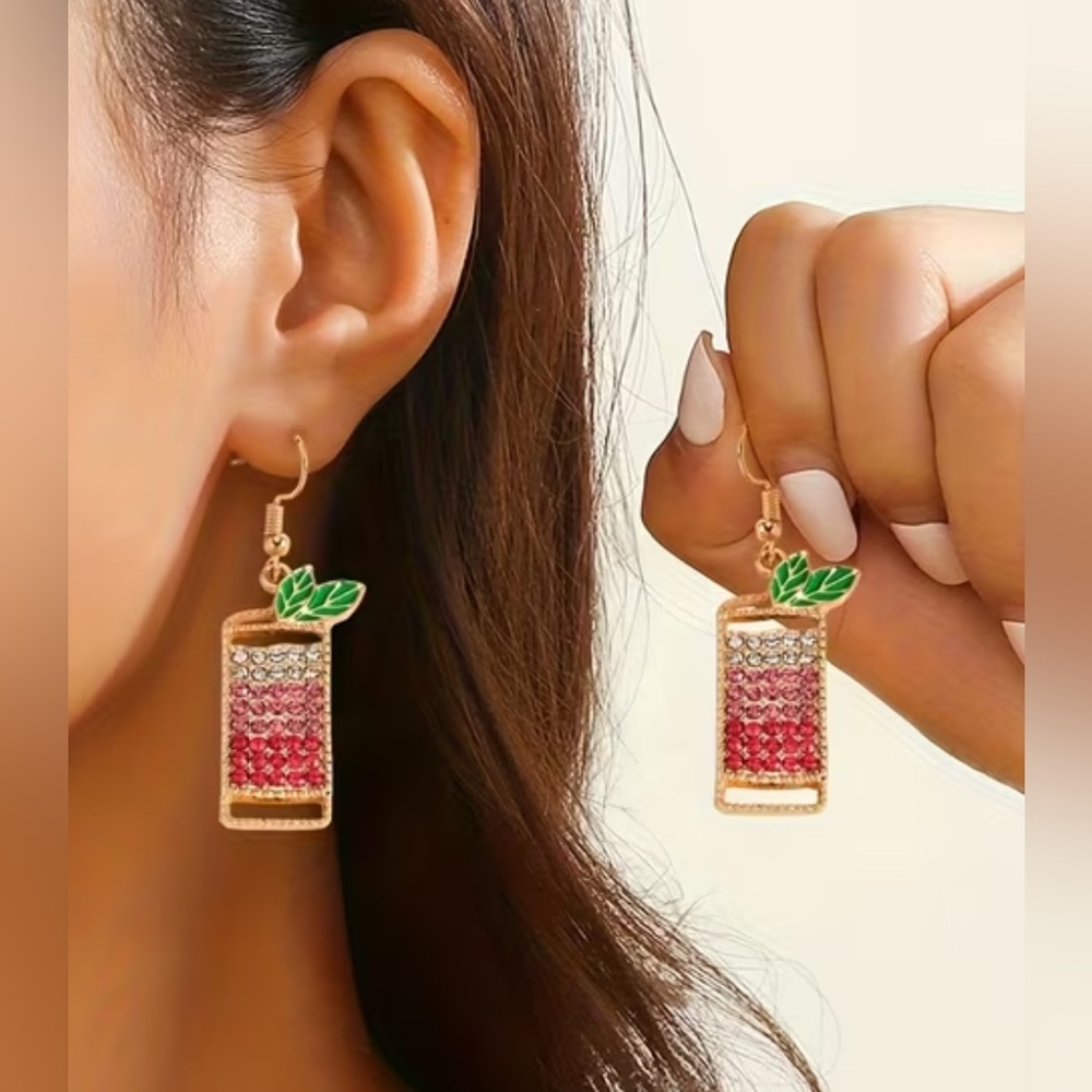 Gold-Tone Pink Tropical Cocktail Leaf Drop Earrings